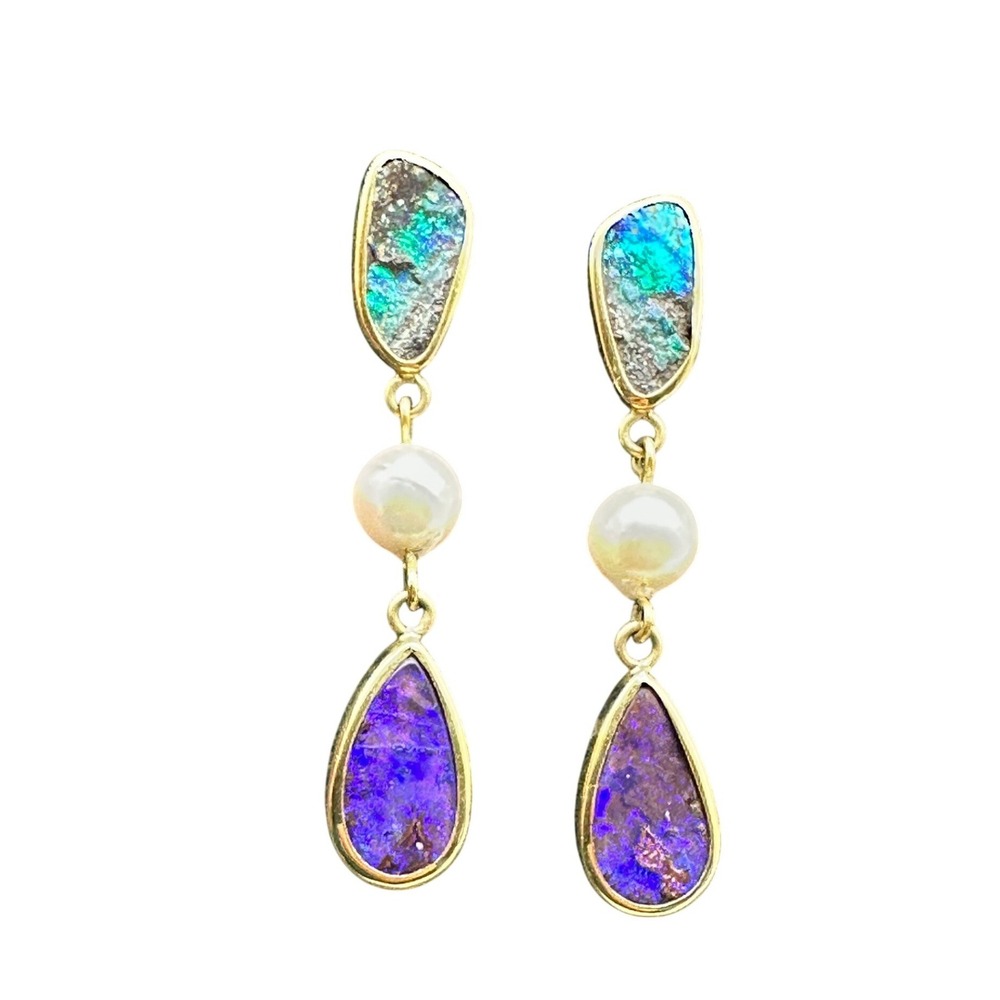 18K Yellow Gold Boulder Opal Pearl Triple Drop Dangle Earrings Purple Green 13g